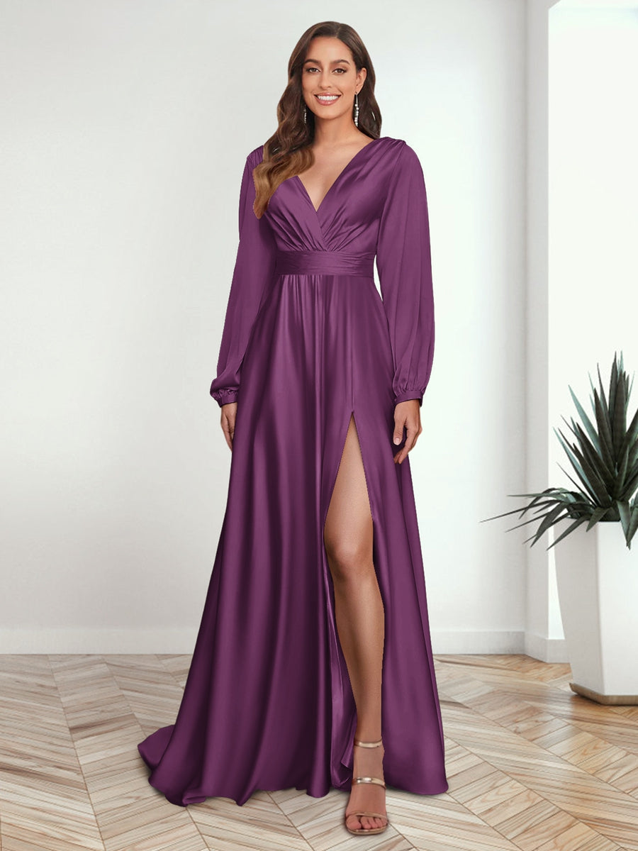 A Line Princess V Neck Long Sleeves FLoor Length Formal Dresses with Split Side