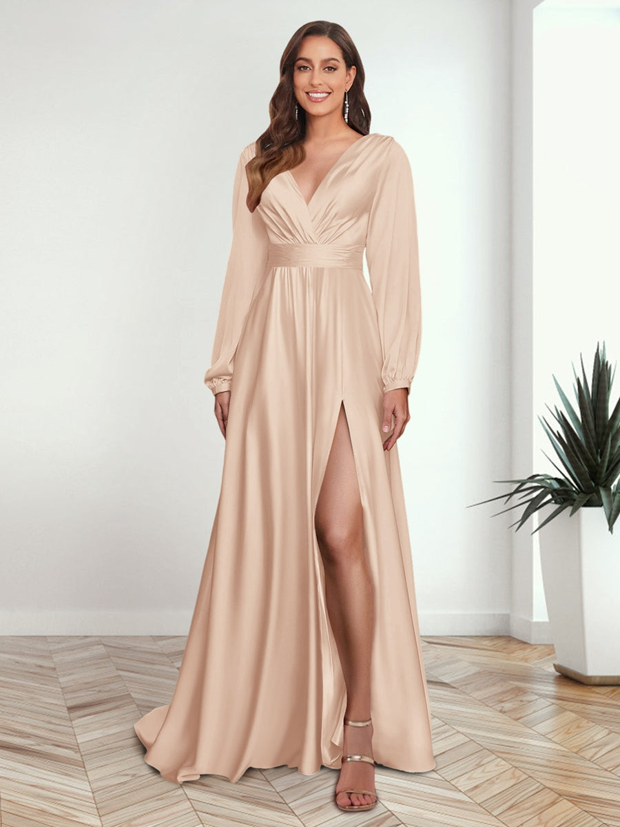 A Line Princess V Neck Long Sleeves FLoor Length Formal Dresses with Split Side