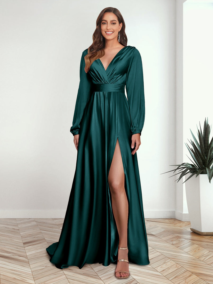 A Line Princess V Neck Long Sleeves FLoor Length Formal Dresses with Split Side