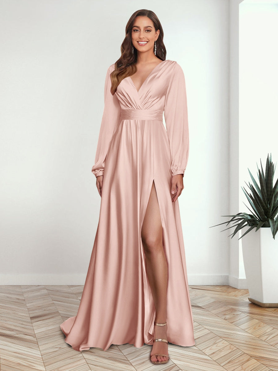A Line Princess V Neck Long Sleeves FLoor Length Formal Dresses with Split Side