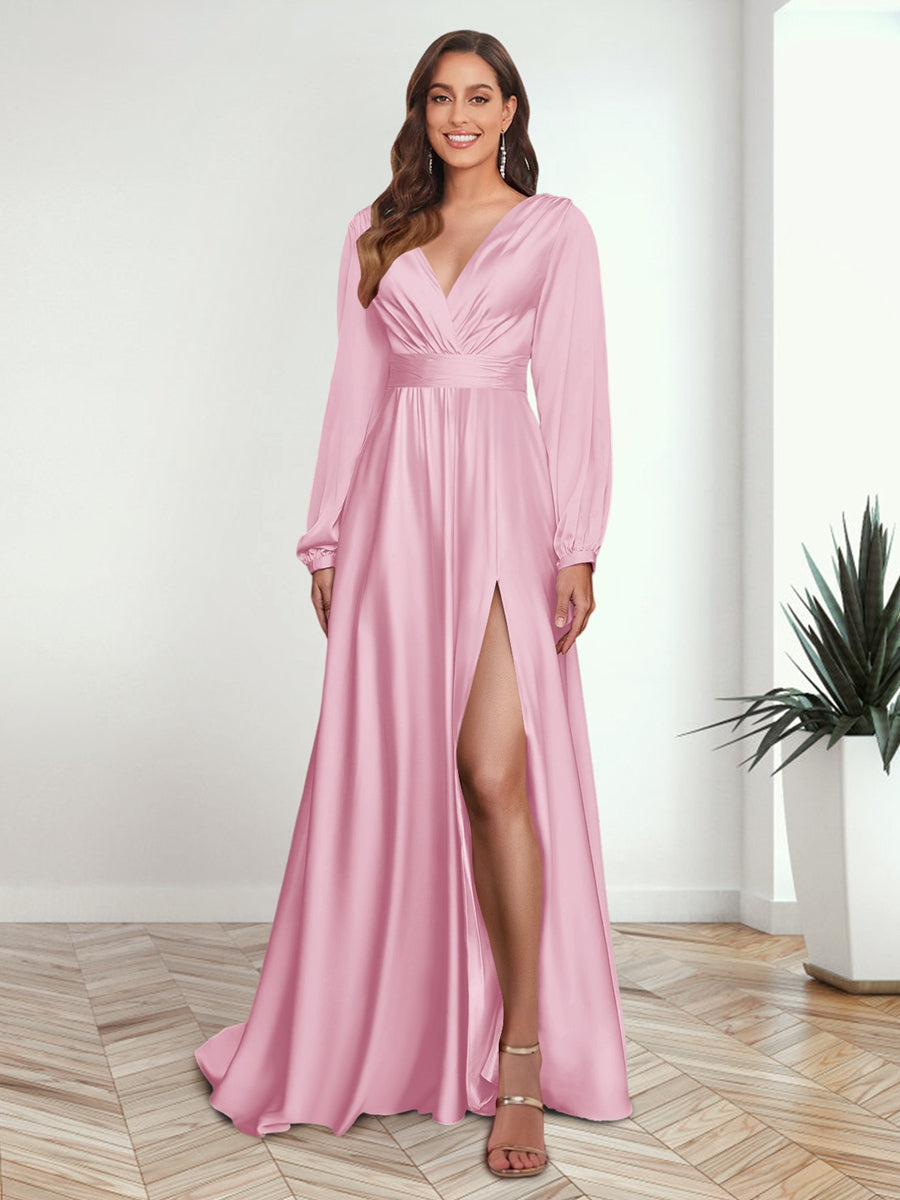 A Line Princess V Neck Long Sleeves FLoor Length Formal Dresses with Split Side