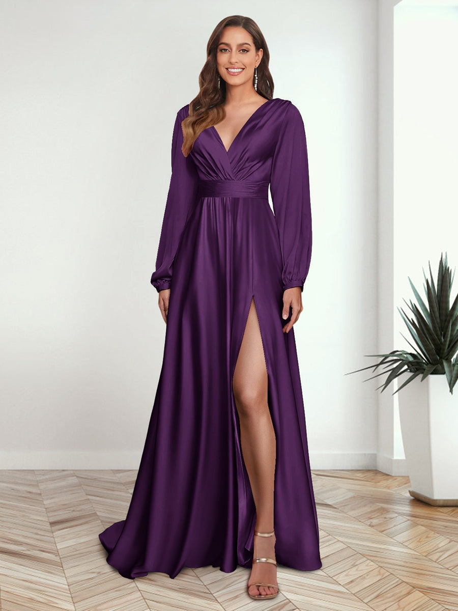 A Line Princess V Neck Long Sleeves FLoor Length Formal Dresses with Split Side
