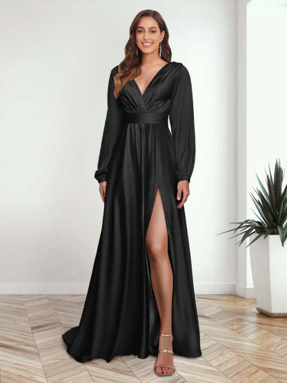 A Line Princess V Neck Long Sleeves FLoor Length Formal Dresses with Split Side