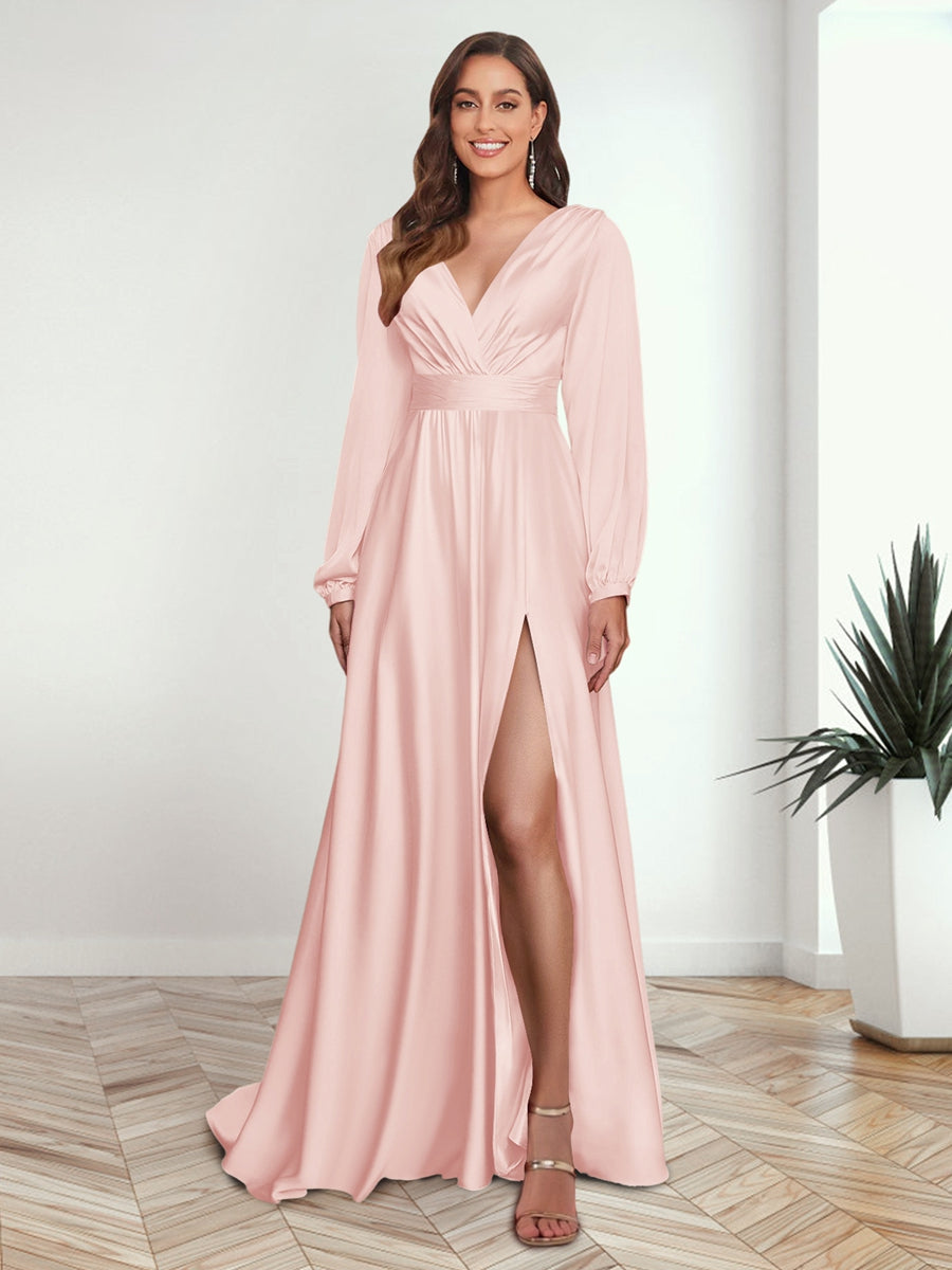 A Line Princess V Neck Long Sleeves FLoor Length Formal Dresses with Split Side