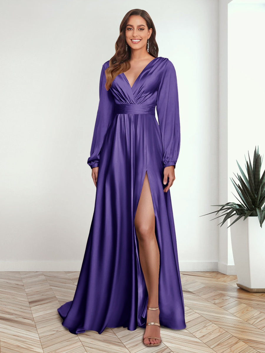 A Line Princess V Neck Long Sleeves FLoor Length Formal Dresses with Split Side