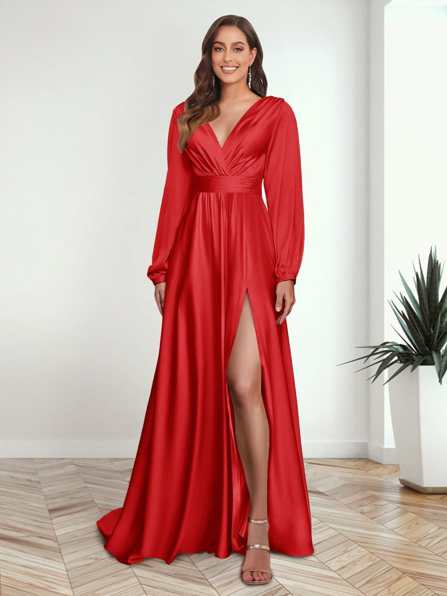 A Line Princess V Neck Long Sleeves FLoor Length Formal Dresses with Split Side