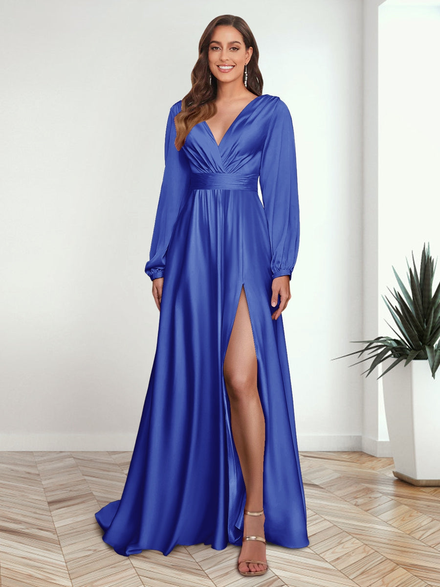 A Line Princess V Neck Long Sleeves FLoor Length Formal Dresses with Split Side