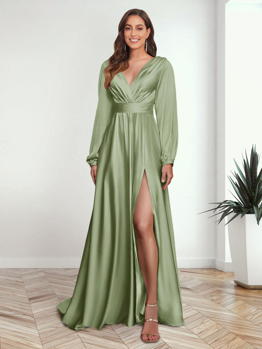 A Line Princess V Neck Long Sleeves FLoor Length Formal Dresses with Split Side