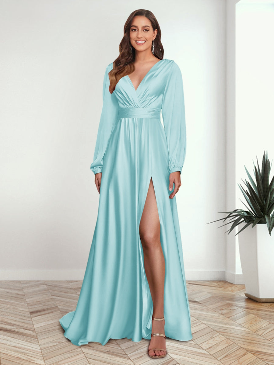 A Line Princess V Neck Long Sleeves FLoor Length Formal Dresses with Split Side