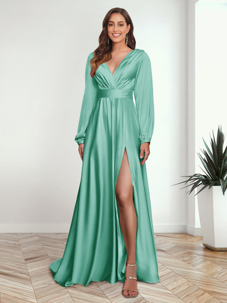 A Line Princess V Neck Long Sleeves FLoor Length Formal Dresses with Split Side