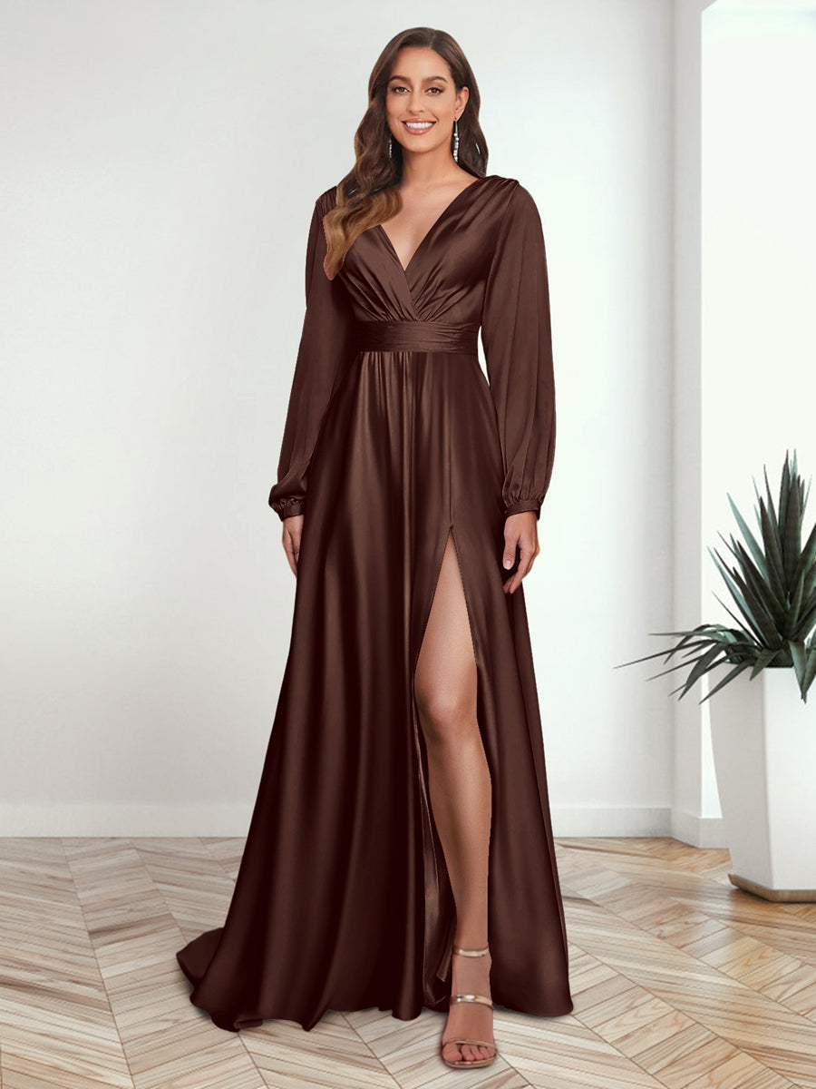 A Line Princess V Neck Long Sleeves FLoor Length Formal Dresses with Split Side