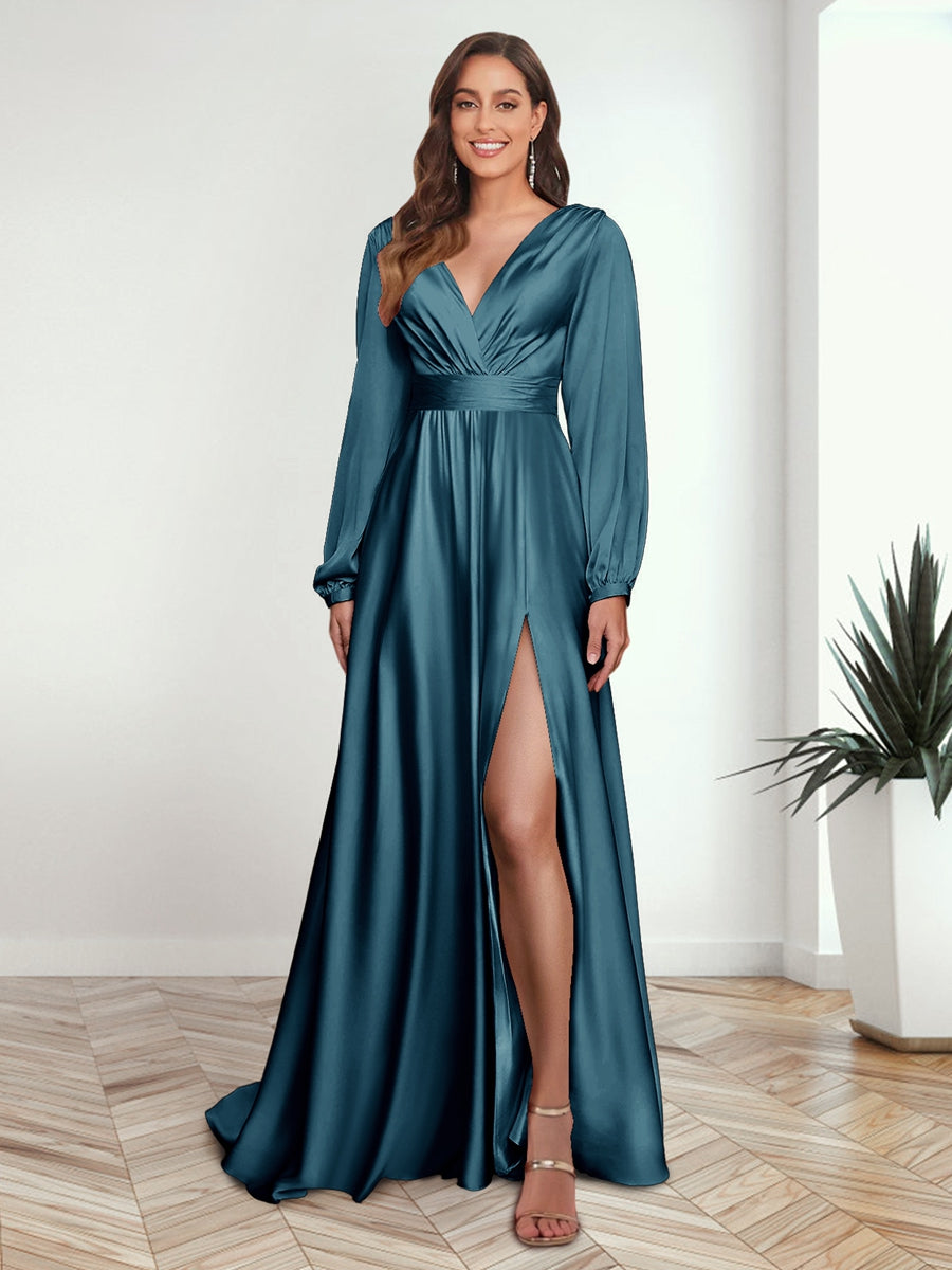 A Line Princess V Neck Long Sleeves FLoor Length Formal Dresses with Split Side