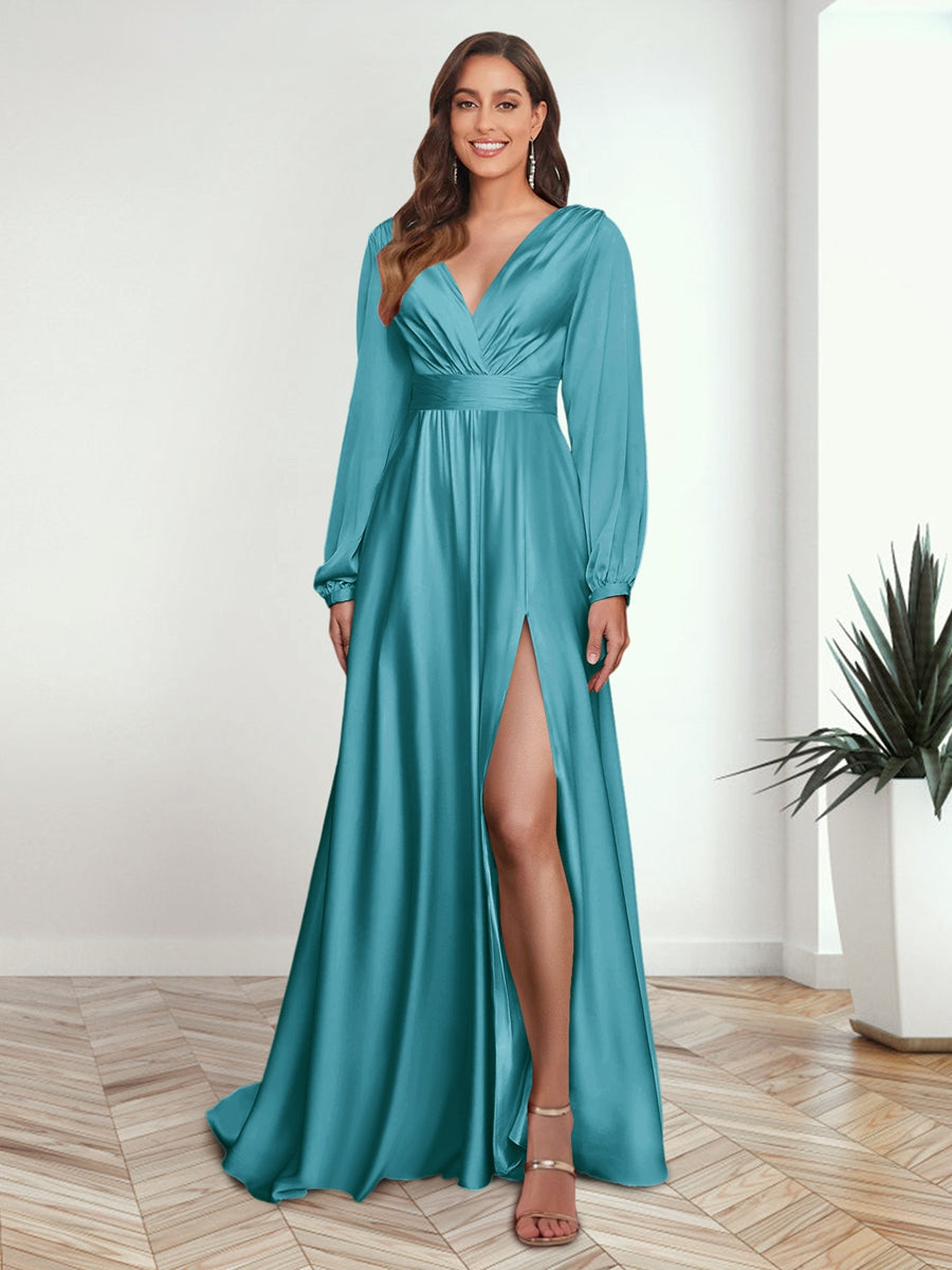 A Line Princess V Neck Long Sleeves FLoor Length Formal Dresses with Split Side