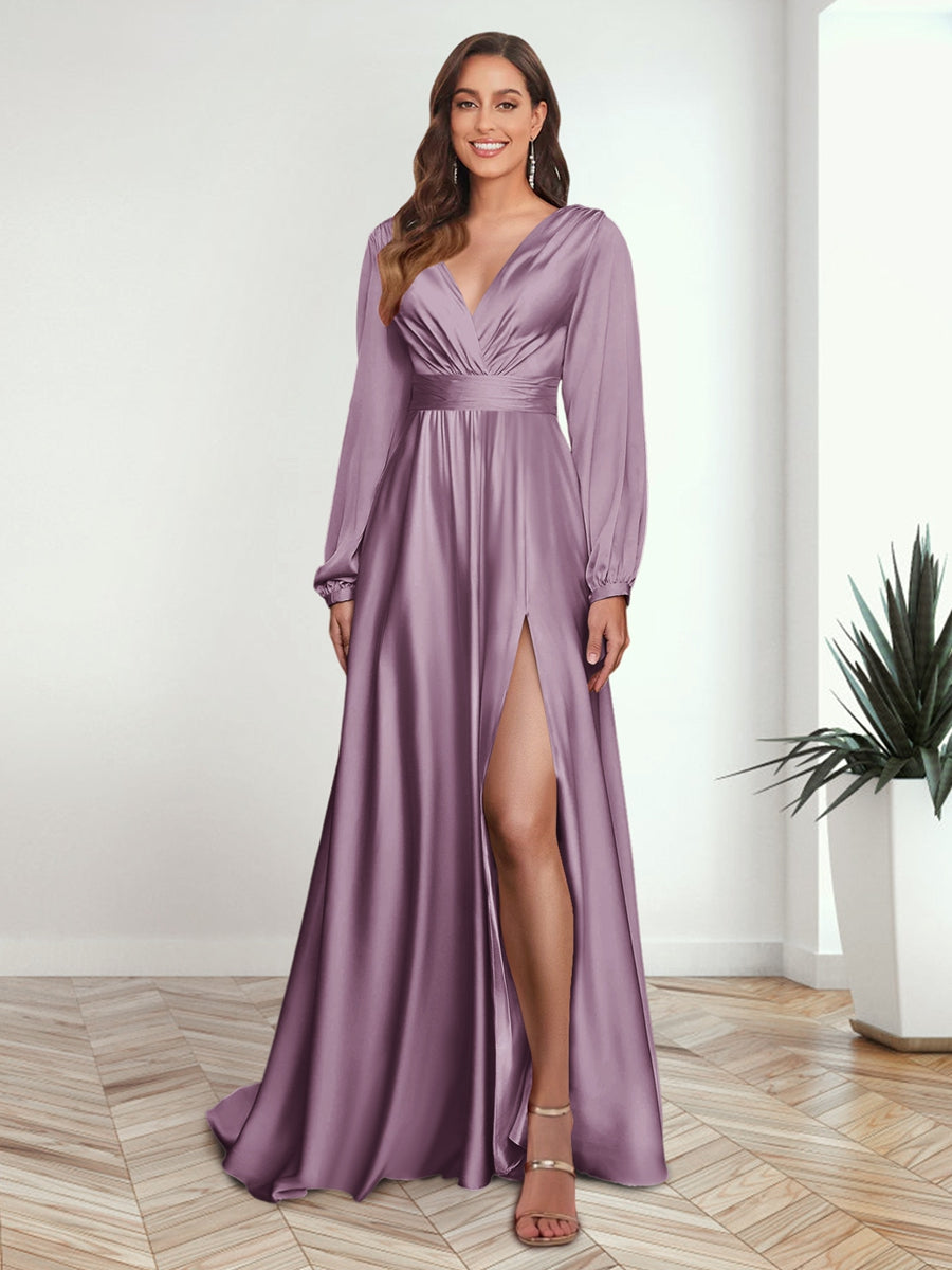 A Line Princess V Neck Long Sleeves FLoor Length Formal Dresses with Split Side