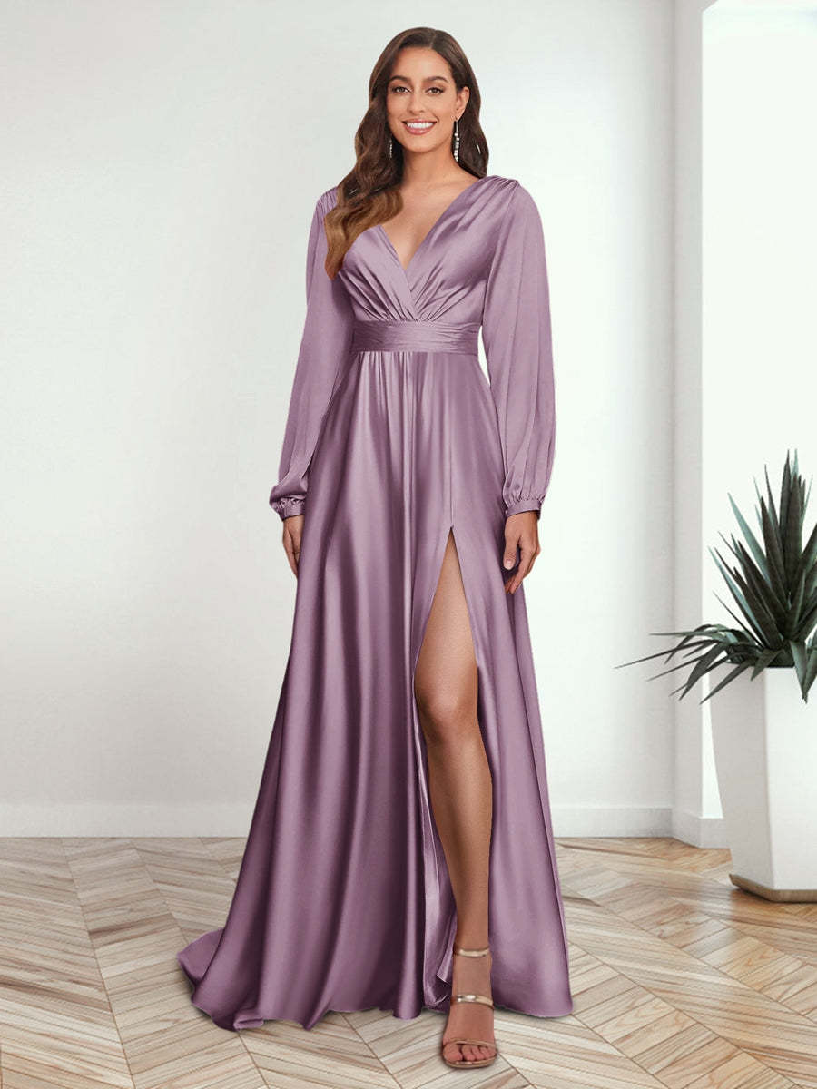 A Line Princess V Neck Long Sleeves FLoor Length Formal Dresses with Split Side
