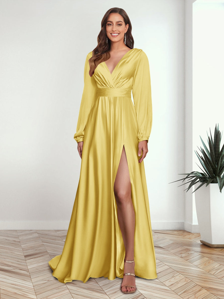 A Line Princess V Neck Long Sleeves FLoor Length Formal Dresses with Split Side