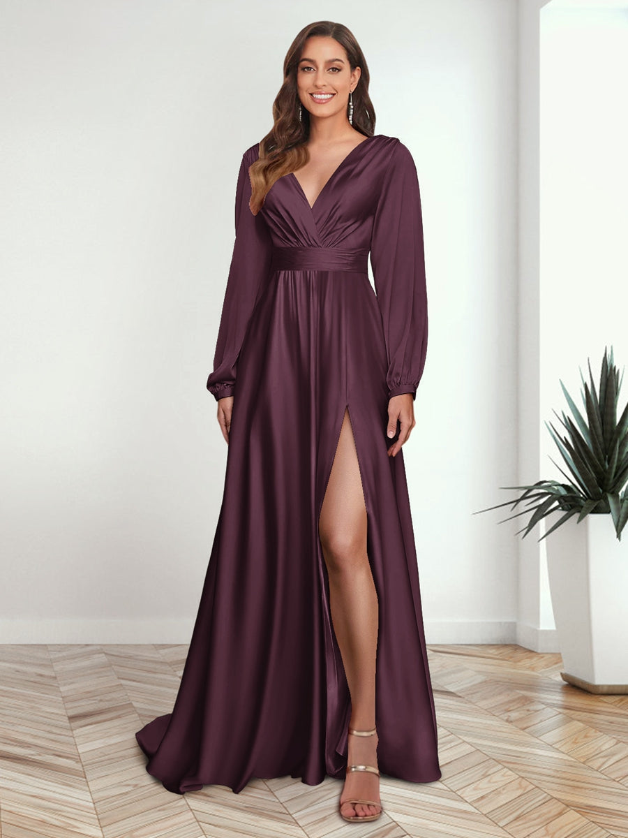 A Line Princess V Neck Long Sleeves FLoor Length Formal Dresses with Split Side