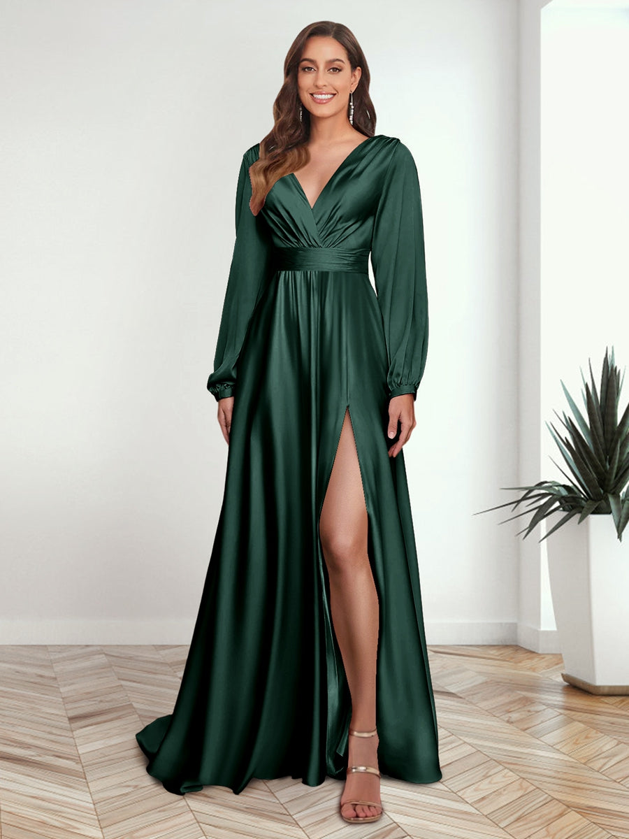 A Line Princess V Neck Long Sleeves FLoor Length Formal Dresses with Split Side