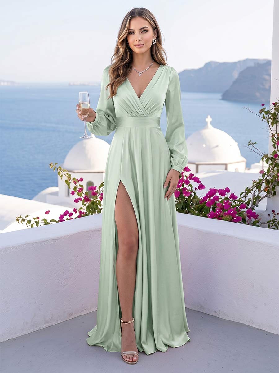 A Line Princess V Neck Long Sleeves FLoor Length Formal Dresses with Split Side