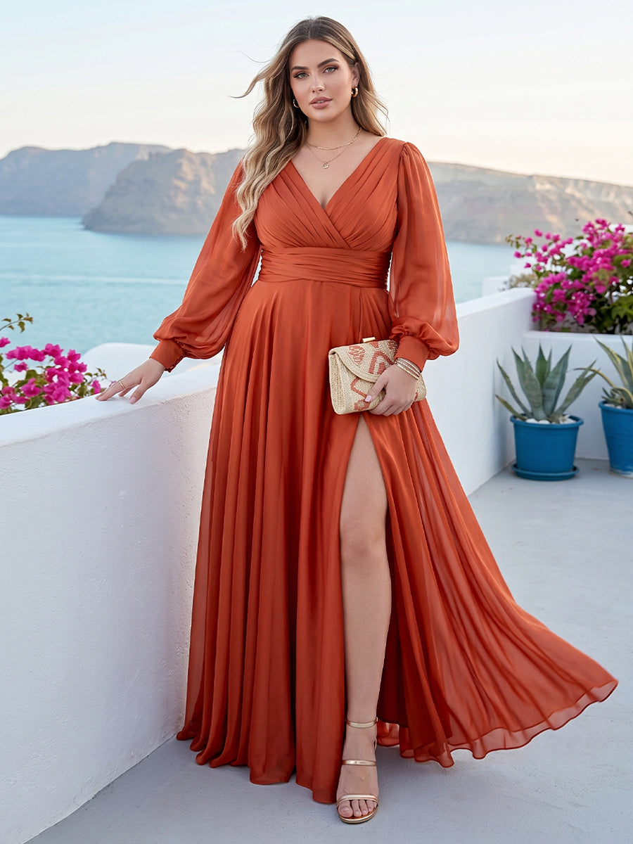 A-Line/Princess V-Neck Long Sleeves Floor Length Plus Size Bridesmaid Dresses with Split Side