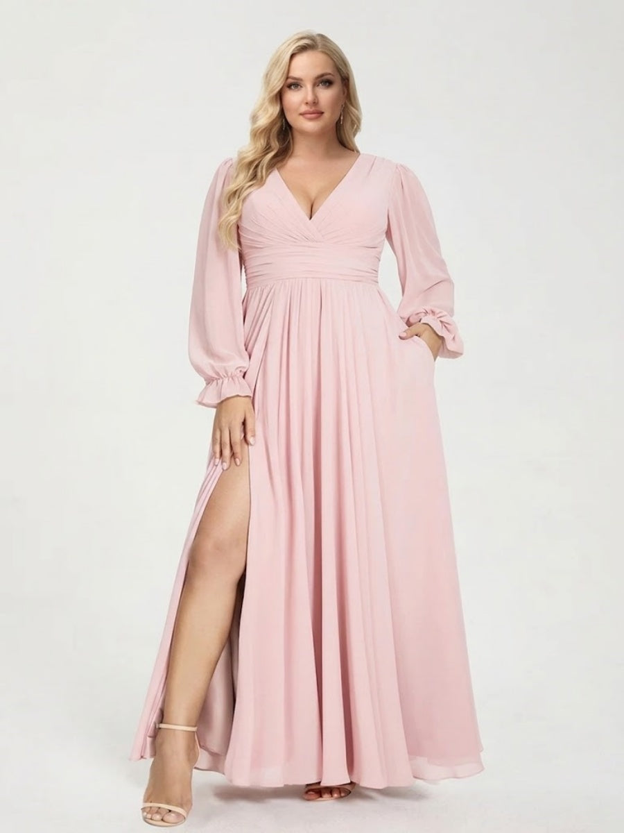 A-Line/Princess V-Neck Long Sleeves Split Side With Pockets Plus Size Bridesmaid Dresses