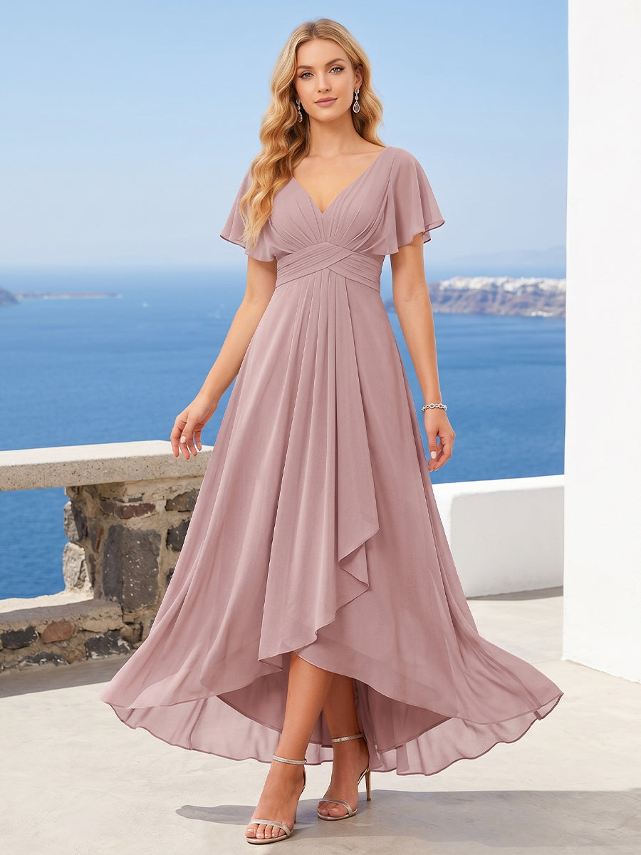 A-Line/Princess V-Neck Short Sleeves Asymmetrical Chiffon Bridesmaid Dresses with Ruffles & Ruched