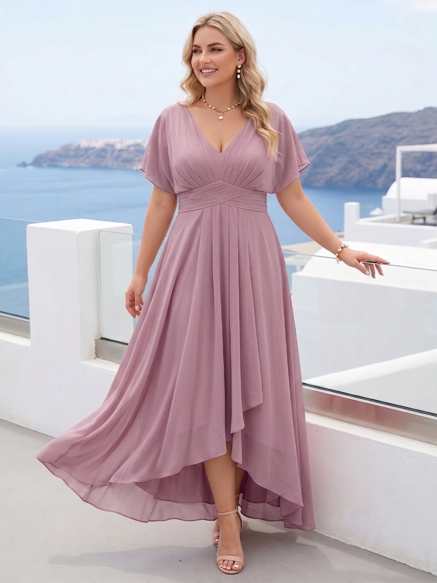 A-Line/Princess V-Neck Short Sleeves Asymmetrical Chiffon Plus Size Bridesmaid Dresses with Ruffles & Ruched