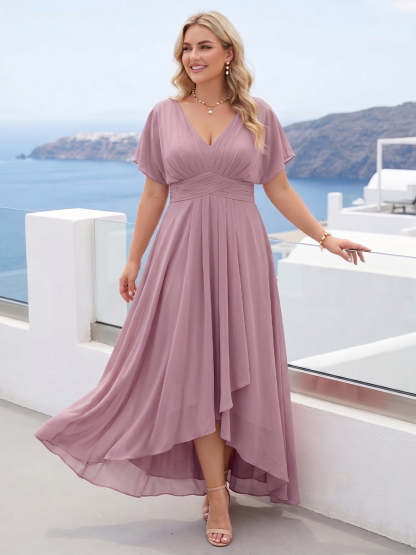 A-Line/Princess V-Neck Short Sleeves Asymmetrical Chiffon Plus Size Bridesmaid Dresses with Ruffles & Ruched