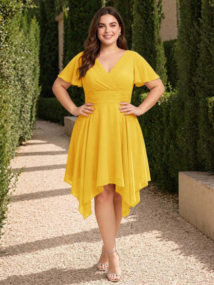 A-Line/Princess V-Neck Short Sleeves Asymmetrical Plus Size Bridesmaid Dresses with Ruffles