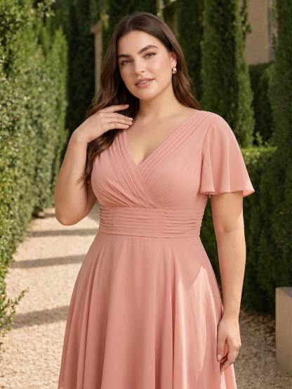 A-Line/Princess V-Neck Short Sleeves Asymmetrical Plus Size Bridesmaid Dresses with Ruffles