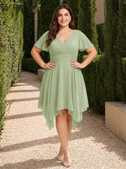 A-Line/Princess V-Neck Short Sleeves Asymmetrical Plus Size Bridesmaid Dresses with Ruffles