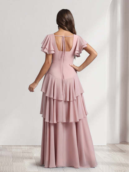 A-Line/Princess V-Neck Short Sleeves Bridesmaid Dresses With Cascading Ruffles & Split Side