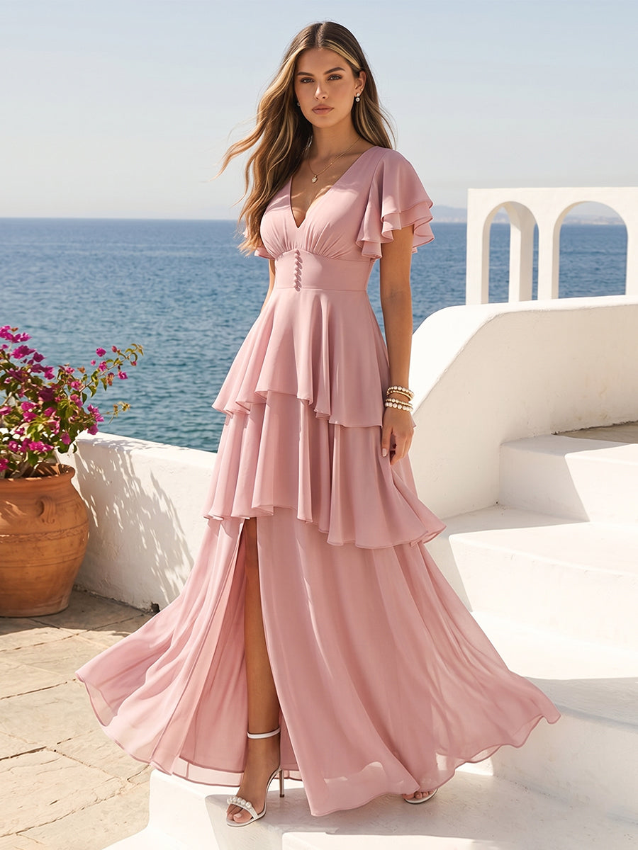 A-Line/Princess V-Neck Short Sleeves Bridesmaid Dresses With Cascading Ruffles & Split Side