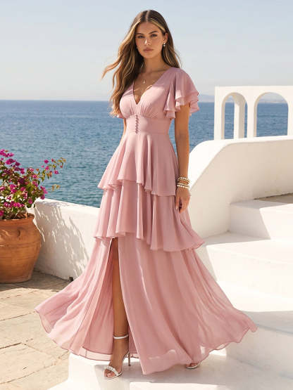 A-Line/Princess V-Neck Short Sleeves Bridesmaid Dresses With Cascading Ruffles & Split Side