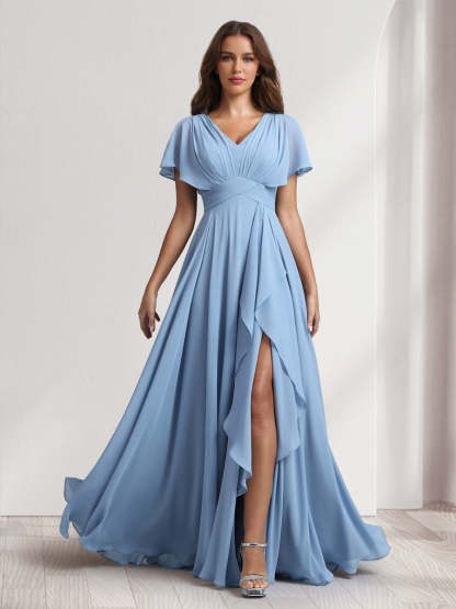 A-Line/Princess V-Neck Short Sleeves Bridesmaid Dresses With Ruffles & Split Side