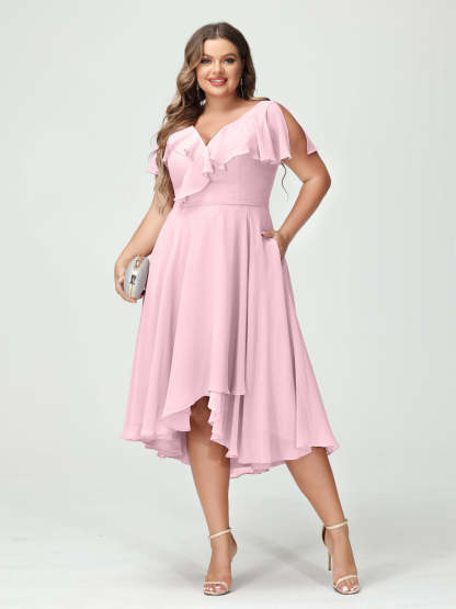 A-Line/Princess V-Neck Short Sleeves Chiffon Ruffles High-Low Plus Size Bridesmaid Dresses with Pockets