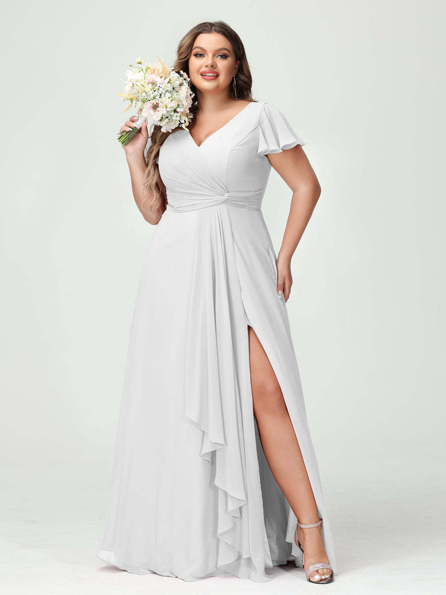 A-Line/Princess V-Neck Short Sleeves Chiffon Ruffles Split Side Plus Size Bridesmaid Dresses with Pockets