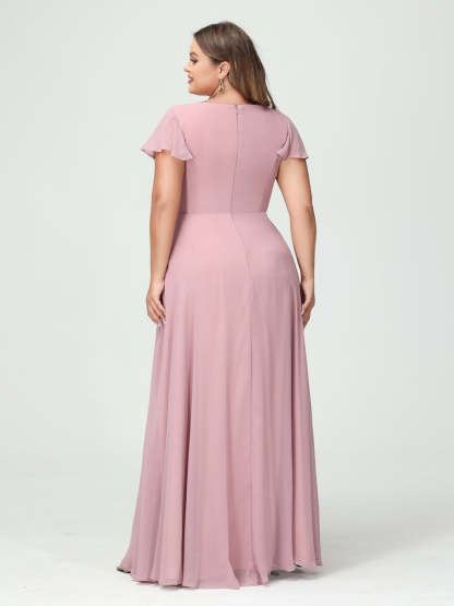 A-Line/Princess V-Neck Short Sleeves Chiffon Ruffles Split Side Plus Size Bridesmaid Dresses with Pockets