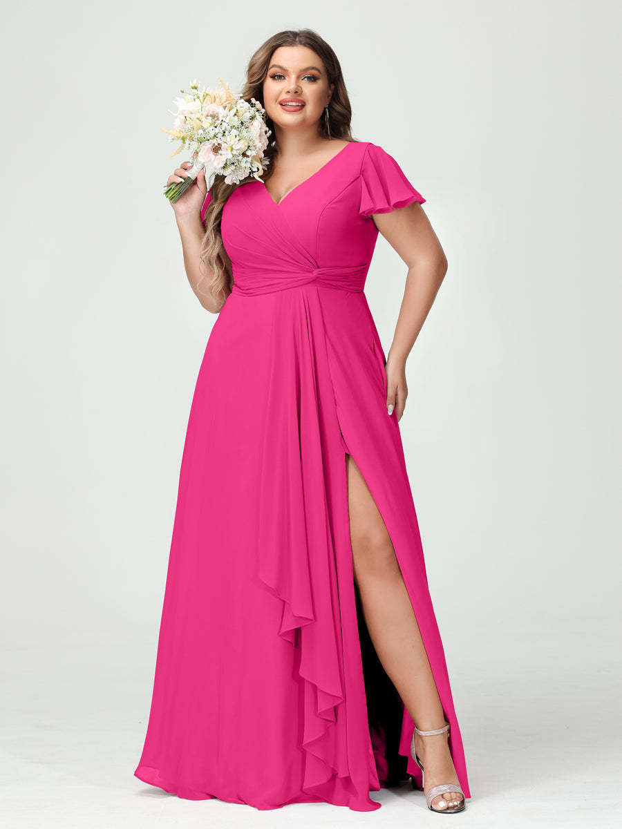 A-Line/Princess V-Neck Short Sleeves Chiffon Ruffles Split Side Plus Size Bridesmaid Dresses with Pockets