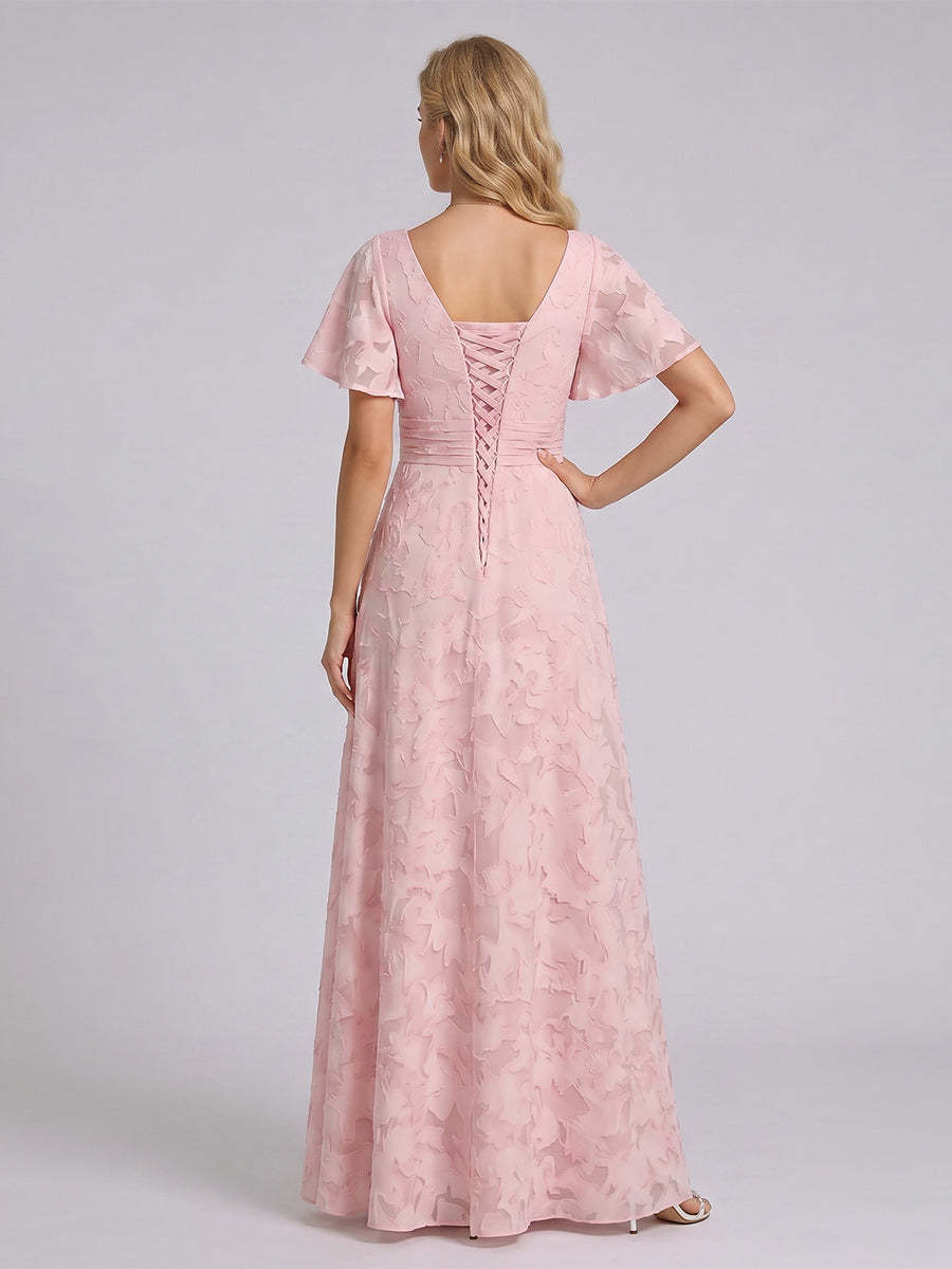 A-Line/Princess V-Neck Short Sleeves Floor-Length Long Bridesmaid Dresses with Ruffles