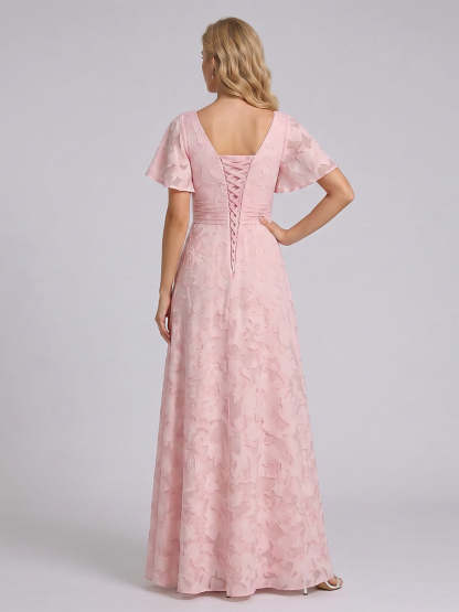 A-Line/Princess V-Neck Short Sleeves Floor-Length Long Bridesmaid Dresses with Ruffles