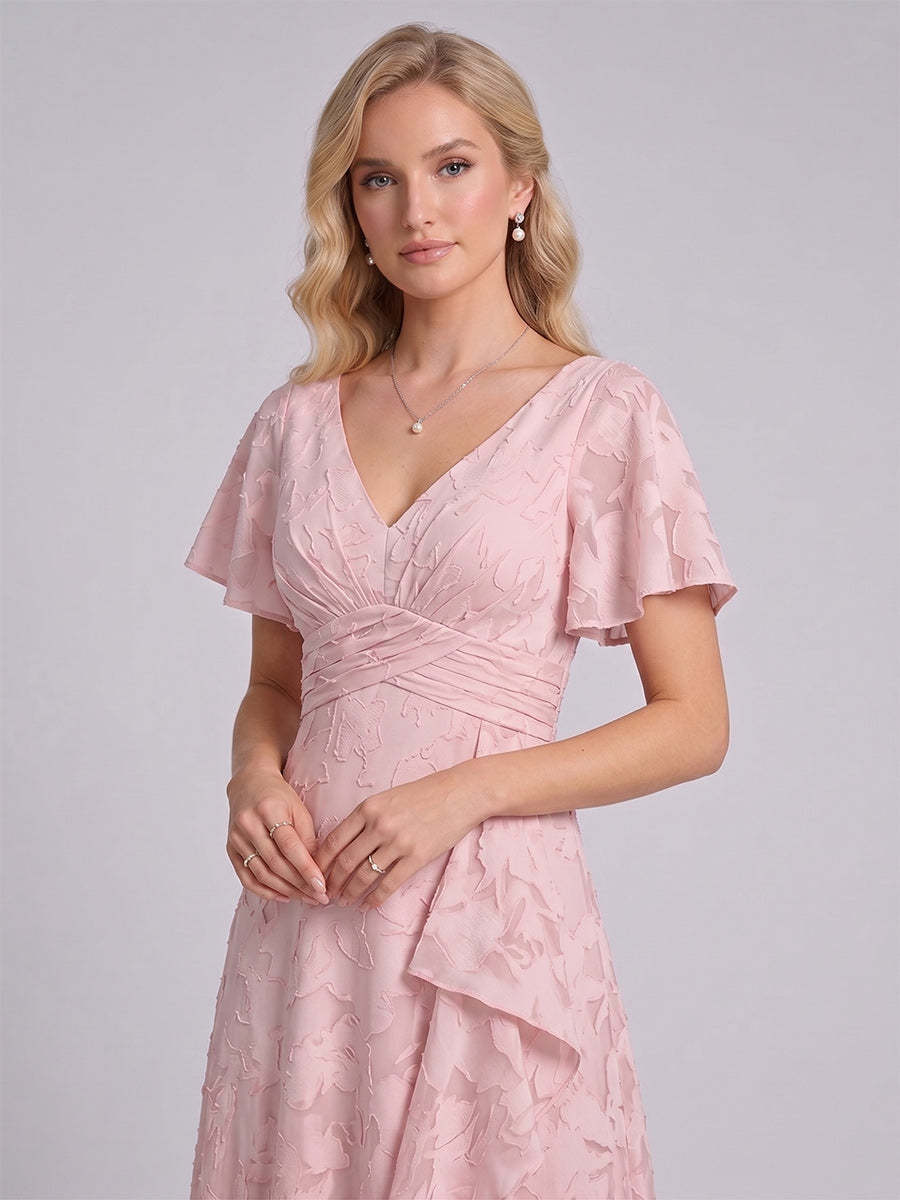 A-Line/Princess V-Neck Short Sleeves Floor-Length Long Bridesmaid Dresses with Ruffles