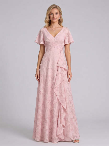 A-Line/Princess V-Neck Short Sleeves Floor-Length Long Bridesmaid Dresses with Ruffles