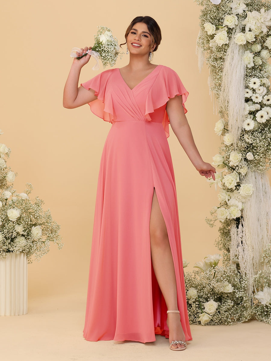 A-Line/Princess V-Neck Short Sleeves Floor-Length Plus Size Bridesmaid Dresses With Side Slit