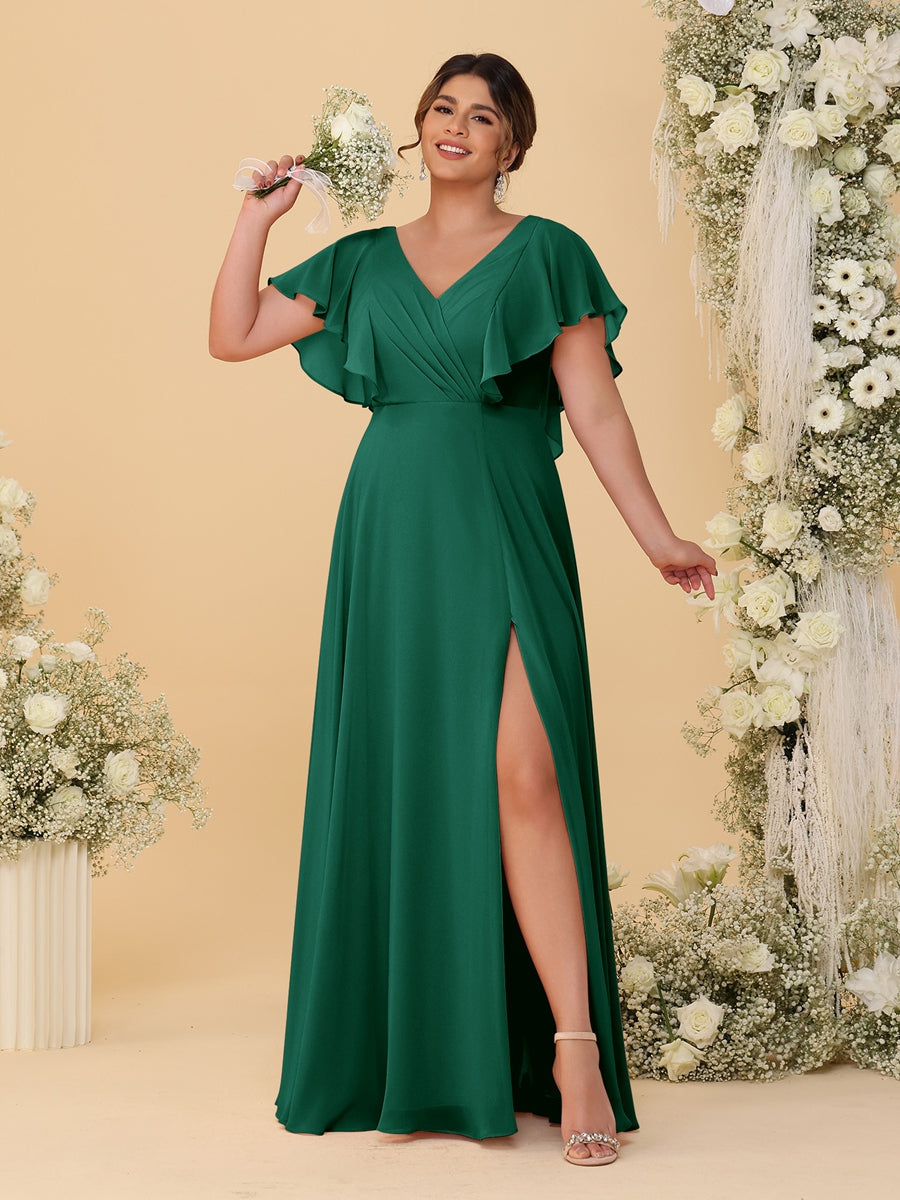 A-Line/Princess V-Neck Short Sleeves Floor-Length Plus Size Bridesmaid Dresses With Side Slit