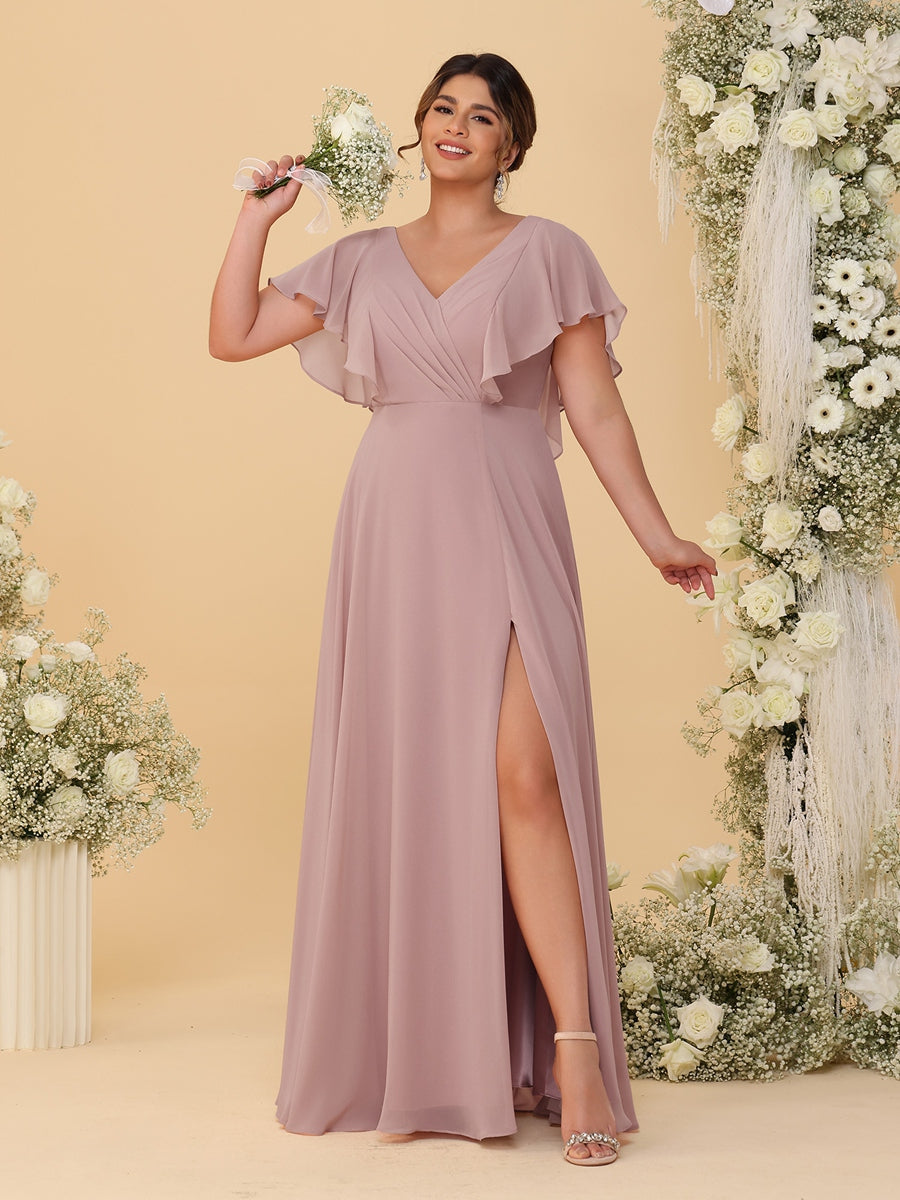 A-Line/Princess V-Neck Short Sleeves Floor-Length Plus Size Bridesmaid Dresses With Side Slit
