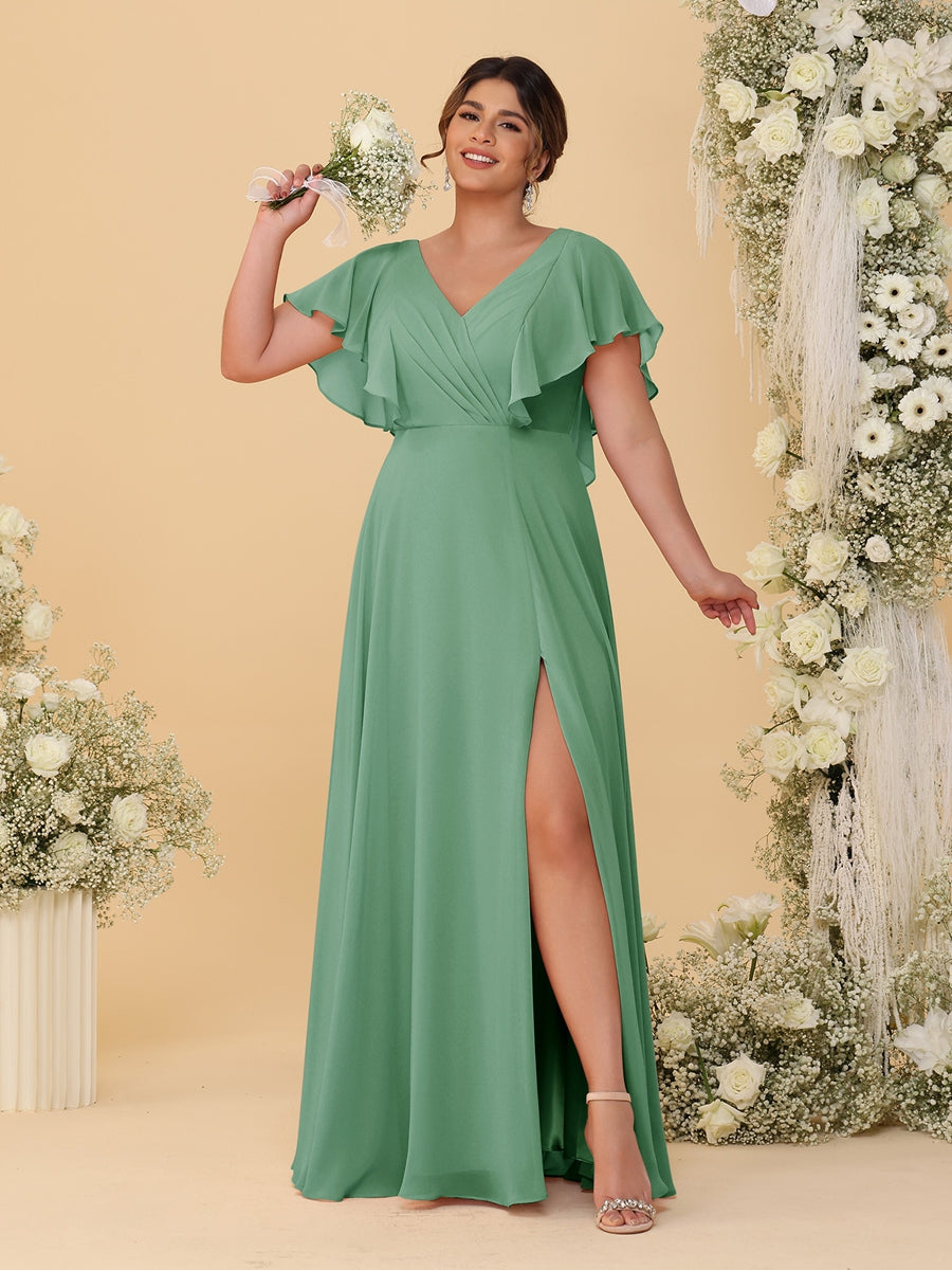 A-Line/Princess V-Neck Short Sleeves Floor-Length Plus Size Bridesmaid Dresses With Side Slit