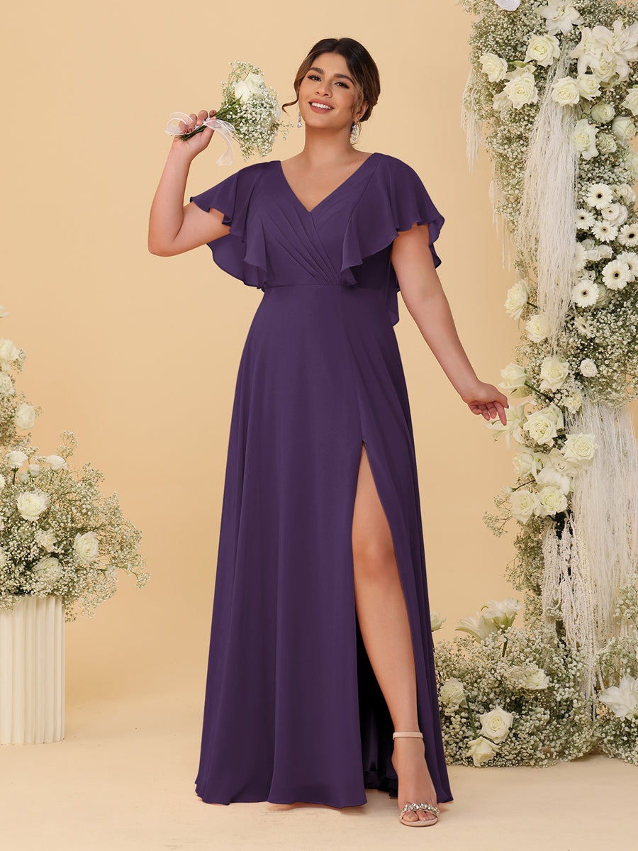 A-Line/Princess V-Neck Short Sleeves Floor-Length Plus Size Bridesmaid Dresses With Side Slit