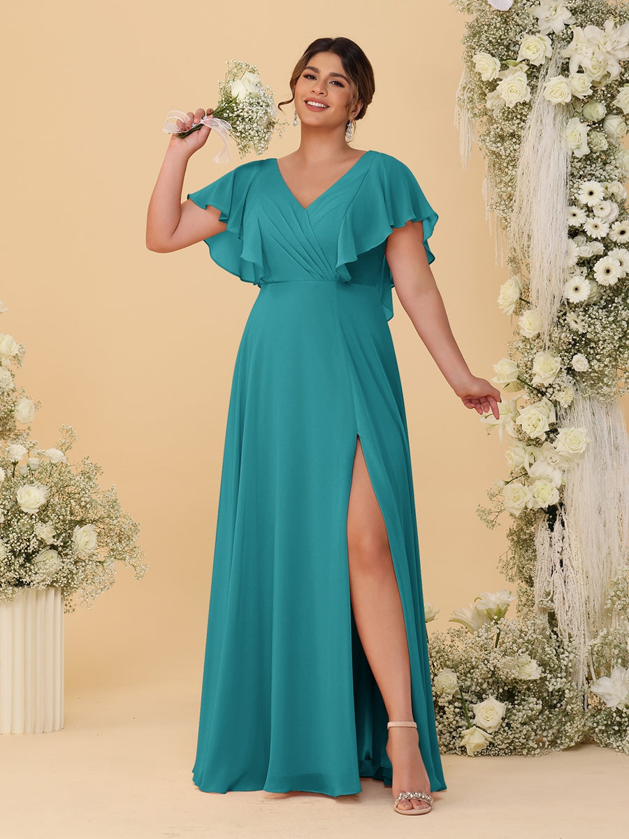 A-Line/Princess V-Neck Short Sleeves Floor-Length Plus Size Bridesmaid Dresses With Side Slit