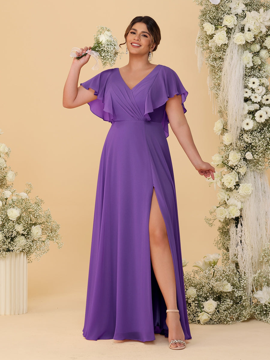 A-Line/Princess V-Neck Short Sleeves Floor-Length Plus Size Bridesmaid Dresses With Side Slit